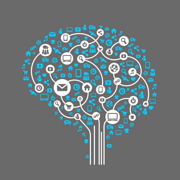 Абстрактный фон человеческого мозга и социальных сетей вектора иконок