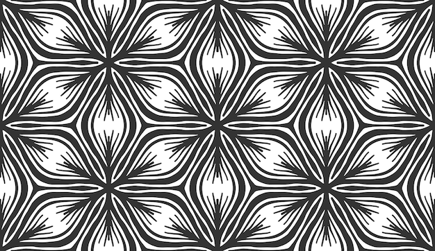 Abstract ice flower black seamless pattern Snowflake wallpaper hexagonal texture Monochrome stylized frozen leaves ornament Geometric fashion fabric print Repeating decorative winter background