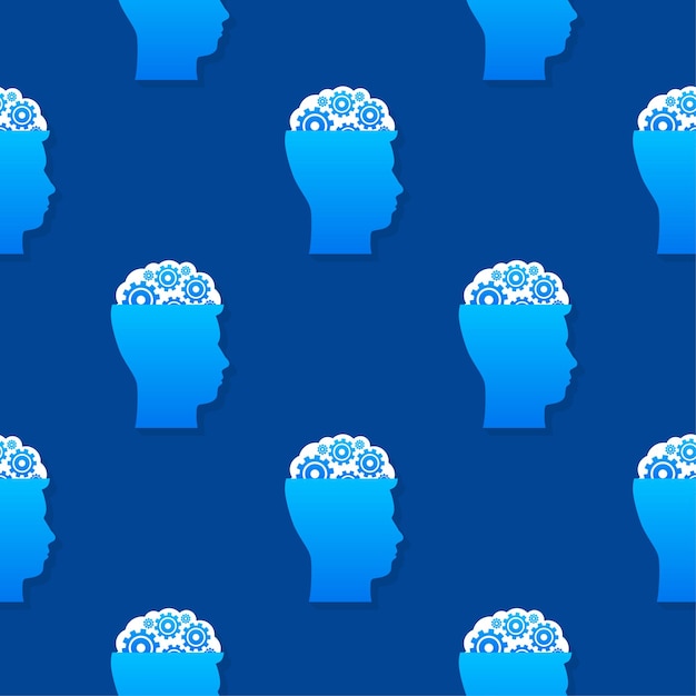 Vector abstract icon with silhouette man head gears on blue background pattern mental health concept