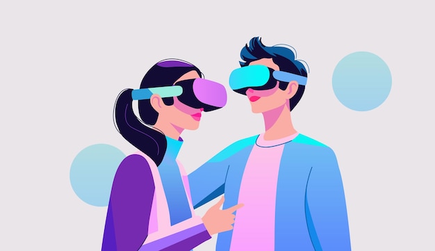 仮想現実メガネを使用する男の子と女の子の抽象的なイラストVRメガネを身に着けたカップル