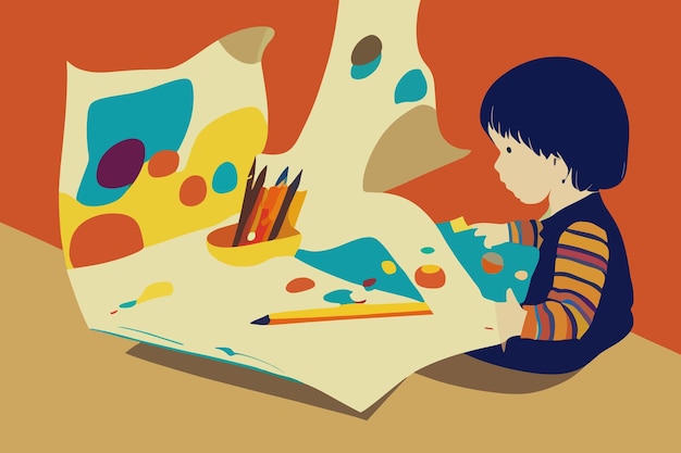 abstract illustration of children a girl sitting and smiling a girl drawing on paper