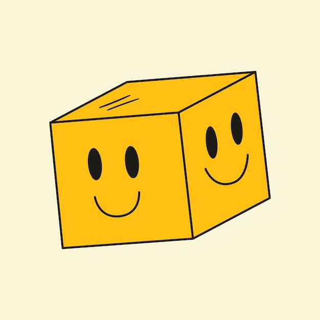 Vettore illustrazione astratta del cubo con volto sorridente funky doodle geometrico emoji simbolo psichedelico degli anni '90