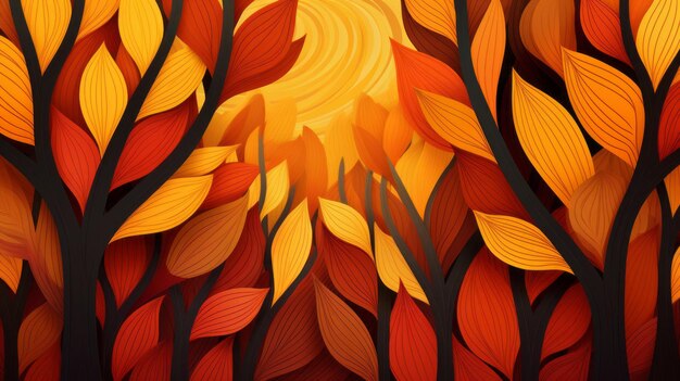 An abstract illustration of a forest with orange and yellow leaves