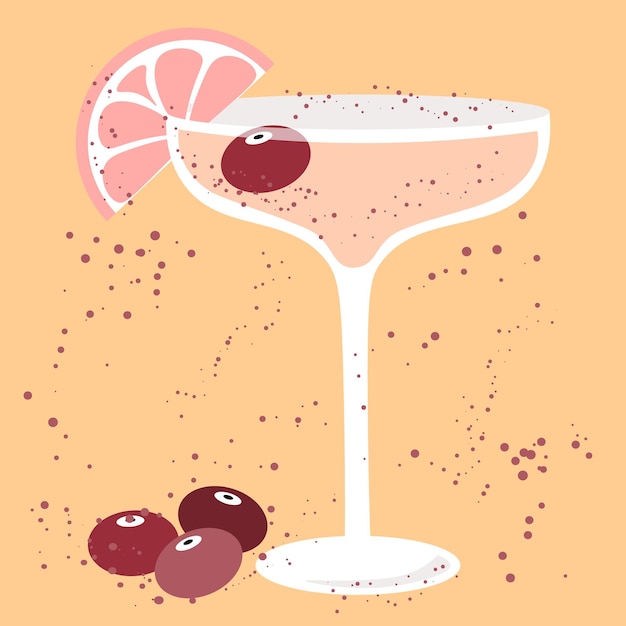 Abstract illustration glass goblet with cocktail grapefruit slice and berries