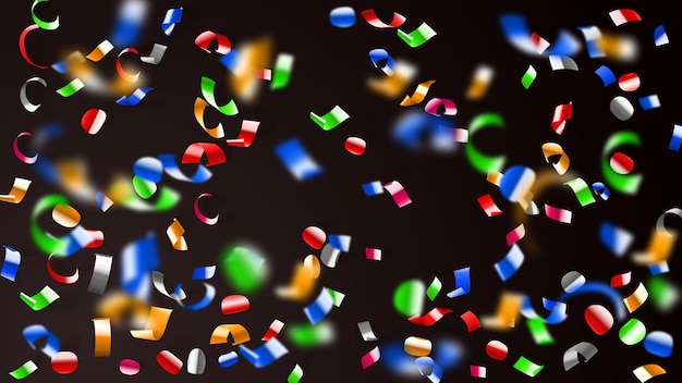 Абстрактная иллюстрация летающих блестящих цветных конфетти и кусочков серпантина на черном фоне
