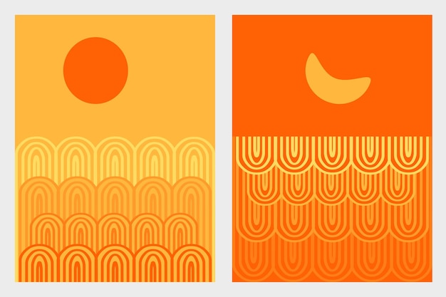 풍경 배경으로 기하학적 라인과 추상 그림 오렌지 단색 Boho 아트