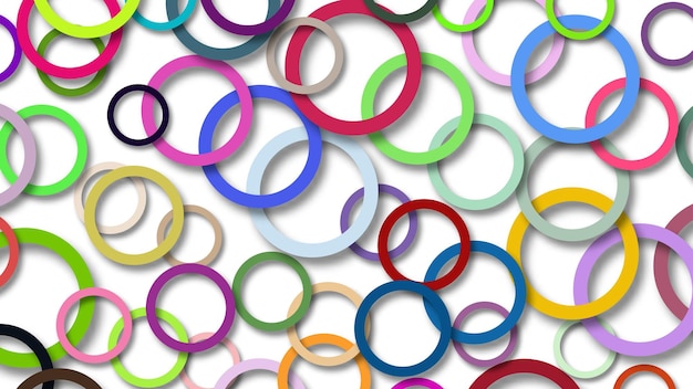 Abstract illustration of randomly arranged colored rings with soft shadows on white background