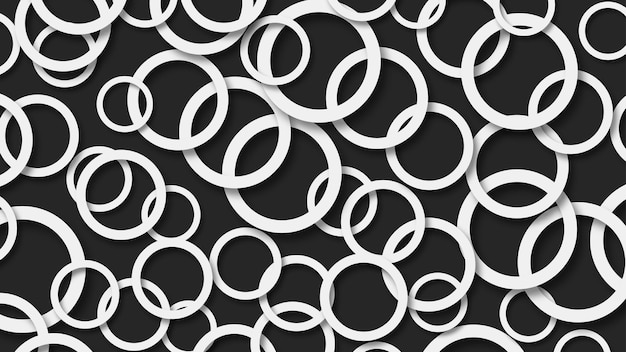 Abstract illustration of randomly arranged white rings with soft shadows on black background