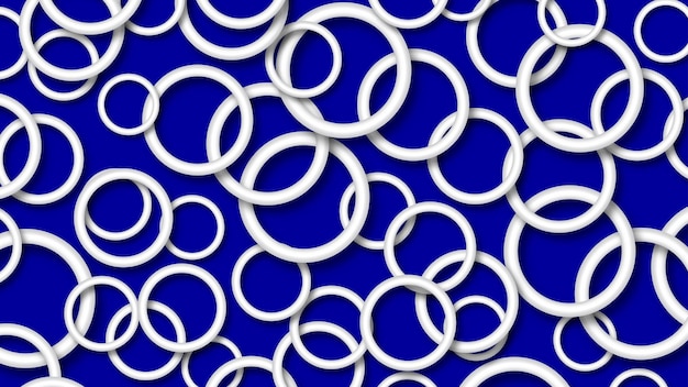 Abstract illustration of randomly arranged white rings with soft shadows on blue background