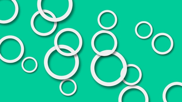 Abstract illustration of randomly arranged white rings with soft shadows on turquoise background