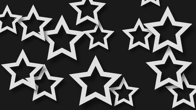 Abstract illustration of randomly arranged white stars with soft shadows on black background