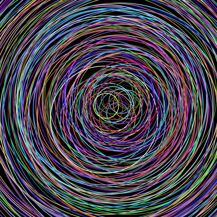 Vector abstract illustration of various color circles on black background