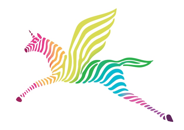 Abstract illustration of a winged zebra with a vibrant multicolored striped pattern symbolizing f