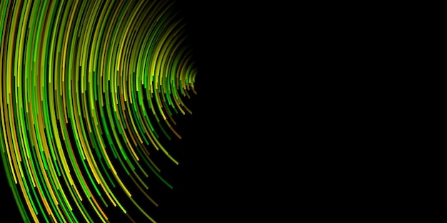 검정색 배경에 녹색 및 노란색 음영으로 많은 얇은 곡선 줄무늬가 있는 추상 그림