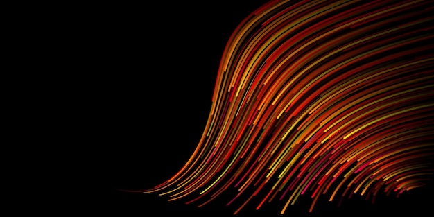 Abstract illustration with many thin curved stripes in shades of red and yellow colors on black background