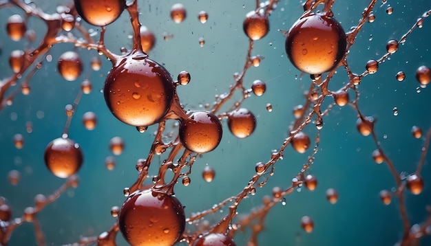 abstract image of a cluster of brown water droplets suspended in a weblike structure the droplets are glossy and reflective creating a dynamic and mesmerizing effect