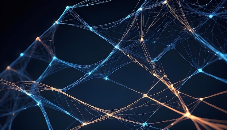 Vector abstract image of a network of glowing blue and orange lines resembling a web or a technological network the lines are intricate and detailed creating a sense of depth and complexity