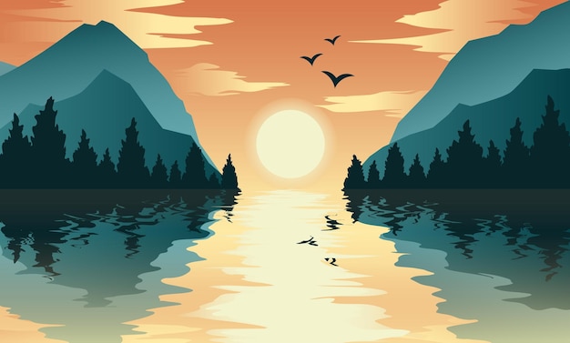 An abstract image of a sunset or dawn over mountains in the background and a river or lake