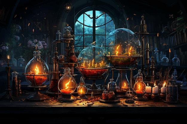 Abstract image of the workplace of an ancient alchemist with beakers and candles 3D render 3D Illu