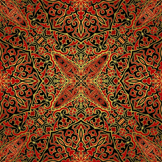 マンダラと抽象的なインドのパターンベクトル赤い背景テキスタイルカーペットのカラフルなテンプレート