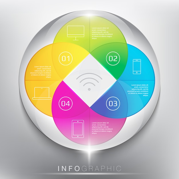 추상 정보 그래픽 원입니다. 4 부품 개념. 화이트 패널에 격리.