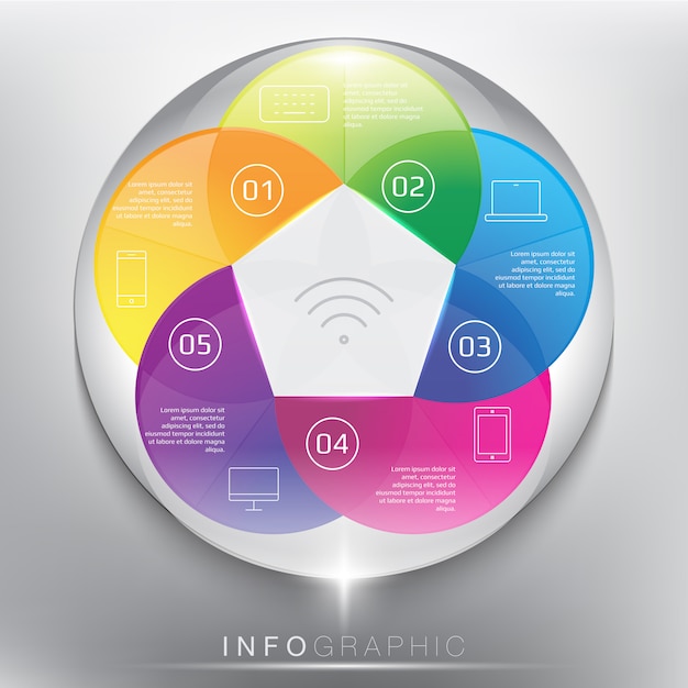 抽象的な情報グラフィックサークル。 5パーツのコンセプト。白いパネルに分離されました。