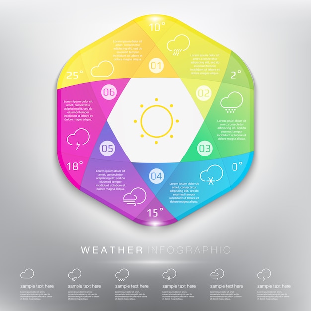 Esagono grafico informazioni astratte. concetto di 6 parti. isolato su pannello bianco. .