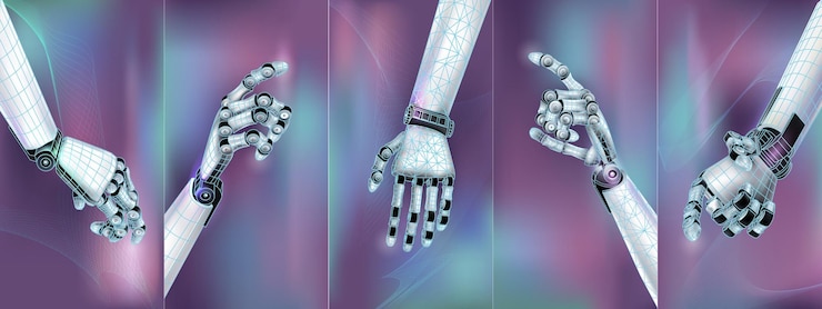 Vector abstract infographic showing robotic arms in the background
