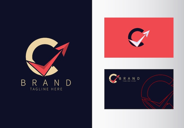 Abstract Initial Letter C Travel Logo Gold Color Shape with Red Arrow design vector illustration