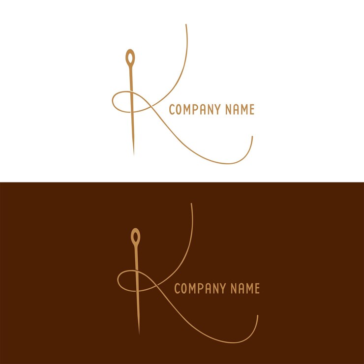 Abstract Initial Letter K logo needle and thread combination with gold color line style Flat Logo