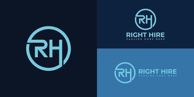 Vector abstract initial letter rh or hr logo in soft blue color isolated in multiple deep blue backgrounds