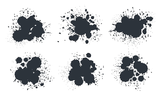 Abstract ink splash Black paint drops and spots messy ink splatters Ink grunge drops silhouettes flat vector illustration set
