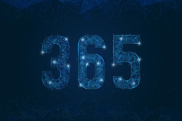 365 로고의 추상화 된 고립 된 파란색 이미지 다각형 낮은 폴리 와이어 프레임 일러스트레이션은 우주에서 검은 밤 하늘에 있는 별이나 날아다니는 유리 조각처럼 보입니다.
