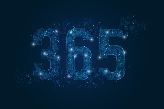 365 로고의 추상화 된 고립 된 파란색 이미지 다각형 낮은 폴리 와이어 프레임 일러스트레이션은 우주에서 검은 밤 하늘에 있는 별이나 날아다니는 유리 조각처럼 보입니다.
