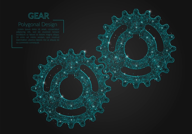 Vector abstract isolated blue image of a gear polygonal illustration looks like stars in the blask night sky in spase or flying glass shards digital design for website web internet