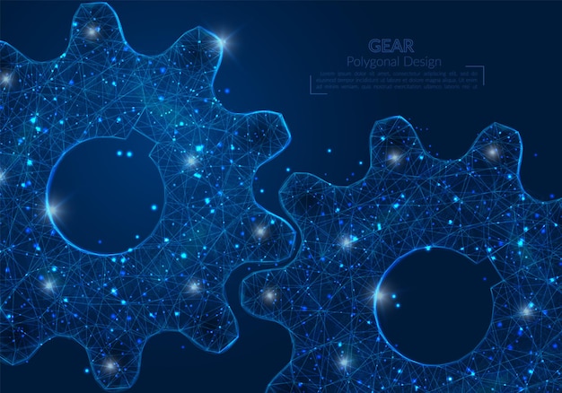Абстрактное изолированное синее изображение шестерни. Полигональная иллюстрация выглядит как звезды в ночном небе в космосе или осколки летящего стекла. Цифровой дизайн для веб-сайта в Интернете.