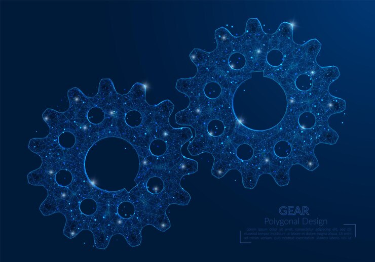Vector abstract isolated blue image of a gear polygonal illustration looks like stars in the blask night sky in spase or flying glass shards digital design for website web internet