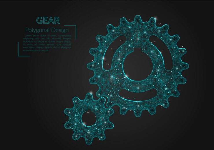 Vector abstract isolated blue image of a gear polygonal illustration looks like stars in the blask night sky in spase or flying glass shards digital design for website web internet