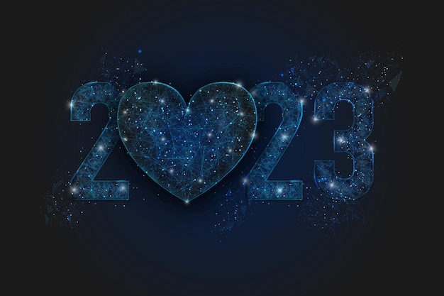 새해 번호 2023의 추상적으로 분리된 파란색 이미지 다각형 낮은 폴리 와이어프레임 그림은 스페이스 또는 날아다니는 유리 조각 디지털 웹 인터넷 디자인의 블래스크 밤하늘에 있는 별처럼 보입니다.
