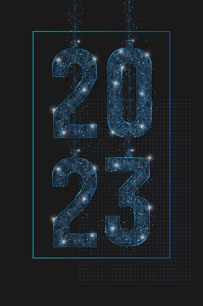 Abstract isolated blue image of new year number 2023 Polygonal low poly wireframe illustration looks like stars in the blask night sky in spase or flying glass shards Digital web internet design