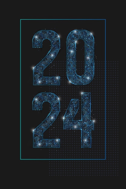 2024 년 새해의 추상적인 고립 된 파란색 이미지 다각형 낮은 폴리 와이어 프레임 일러스트레이션은 공간에서 밝은 밤 하늘의 별이나 날아가는 유리 조각처럼 보입니다.