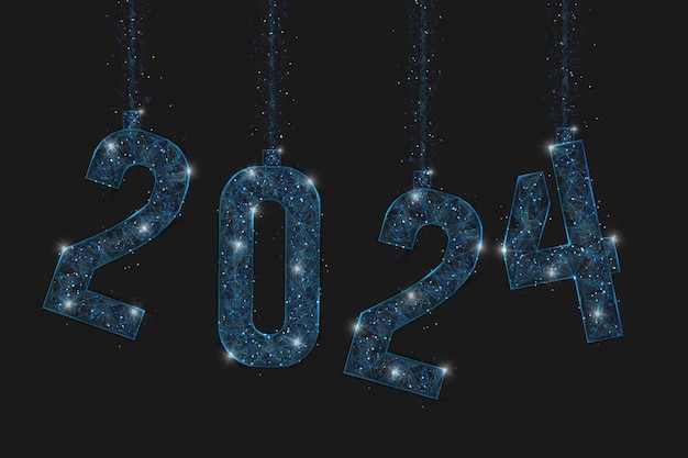 Abstract isolated blue image of new year number 2024 Polygonal low poly wireframe illustration looks like stars in the blask night sky in spase or flying glass shards Digital web internet design