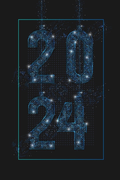 Abstract isolated blue image of new year number 2024 Polygonal low poly wireframe illustration looks like stars in the blask night sky in spase or flying glass shards Digital web internet design