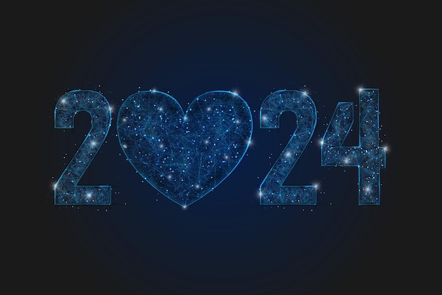 新年番号 2024 の抽象的な孤立した青いイメージ多角形の低ポリ ワイヤ フレームの図は、空間や空飛ぶガラスの破片の真っ暗な夜空の星のように見えますデジタル Web インターネット デザイン