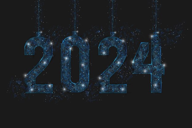 Abstract isolated blue image of new year number 2024 Polygonal low poly wireframe illustration looks like stars in the blask night sky in spase or flying glass shards Digital web internet design