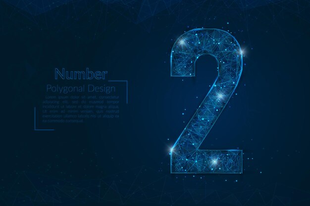 abstract isolated blue image of a number two polygonal illustration looks like stars in the blask night sky in spase or flying glass shards digital design for website web internet