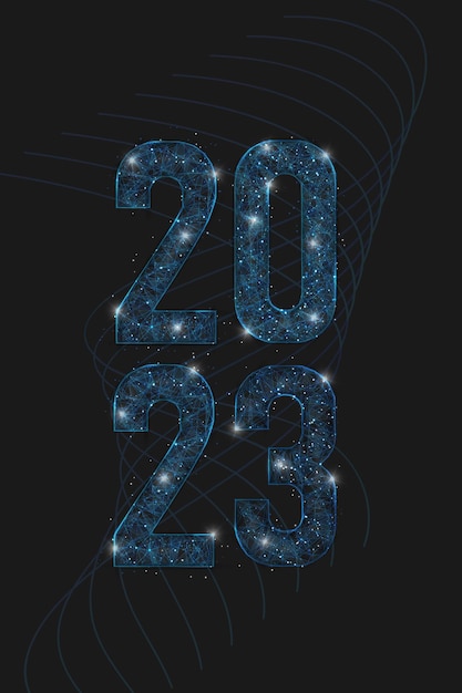 벡터 새해 번호 2023의 추상적으로 분리된 파란색 이미지 다각형 낮은 폴리 와이어프레임 그림은 스페이스 또는 날아다니는 유리 조각 디지털 웹 인터넷 디자인의 블래스크 밤하늘에 있는 별처럼 보입니다.