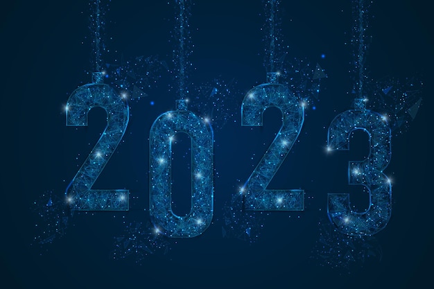 Абстрактное изолированное синее изображение нового года номер 2023. полигональная низкополигональная каркасная иллюстрация выглядит как звезды в пустынном ночном небе в космосе или осколки летящего стекла цифровой веб-интернет-дизайн