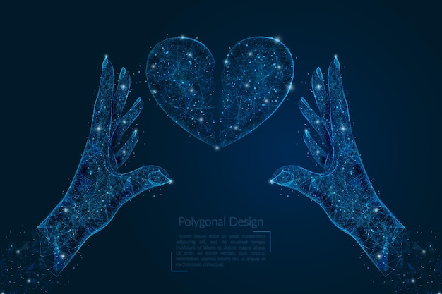 Абстрактное изолированное изображение человеческой руки, держащей разбитое сердце Полигональная иллюстрация в стиле низкого поли выглядит как звезды в блестящем ночном небе в пространстве или летающие осколки стекла