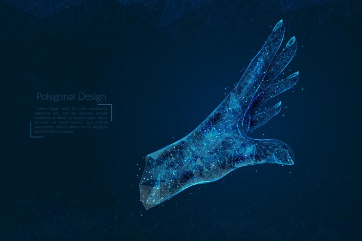 Vector abstract isolated image of human palm polygonal illustration looks like stars in the blask night sky in spase or flying glass shards digital design for website web internet